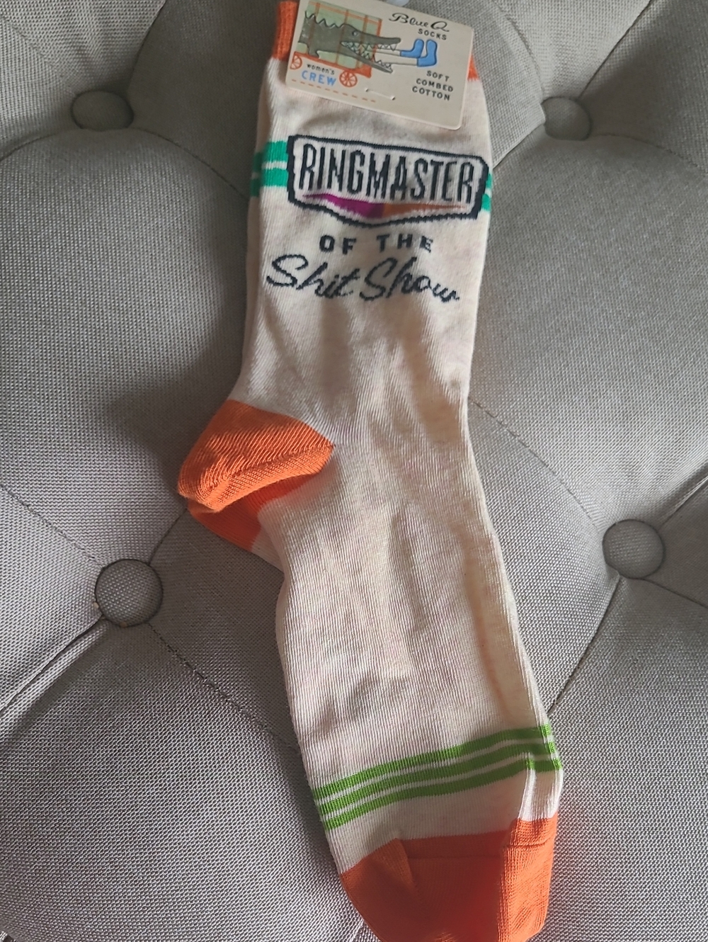 Blue Q 'Ringmaster of the Shit Show' White & Orange Crew Socks. Bin 7